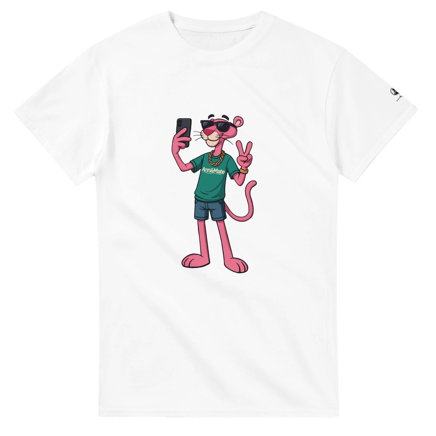 pantera rosa haciendo selfie camiseta blanca