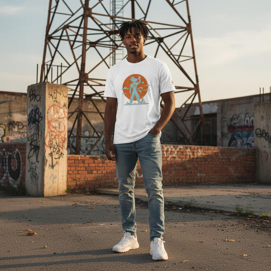 Camiseta blanca con dibujo en celeste y fondo naranja