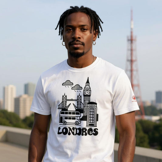Camiseta blanca con estampado en negro Dibujo Londres