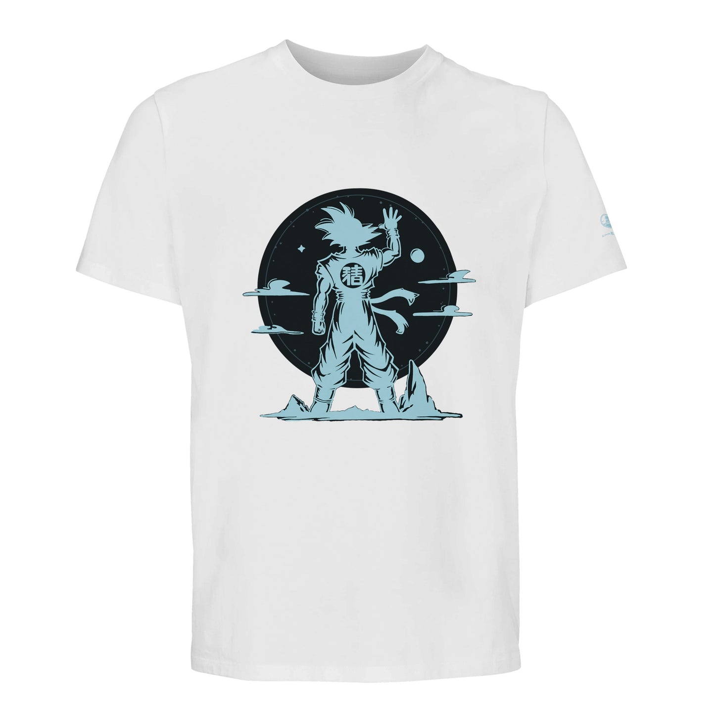 Camiseta blanca de algodón orgánico con dibujo de guerrero anime de espalda dibujo astral negro
