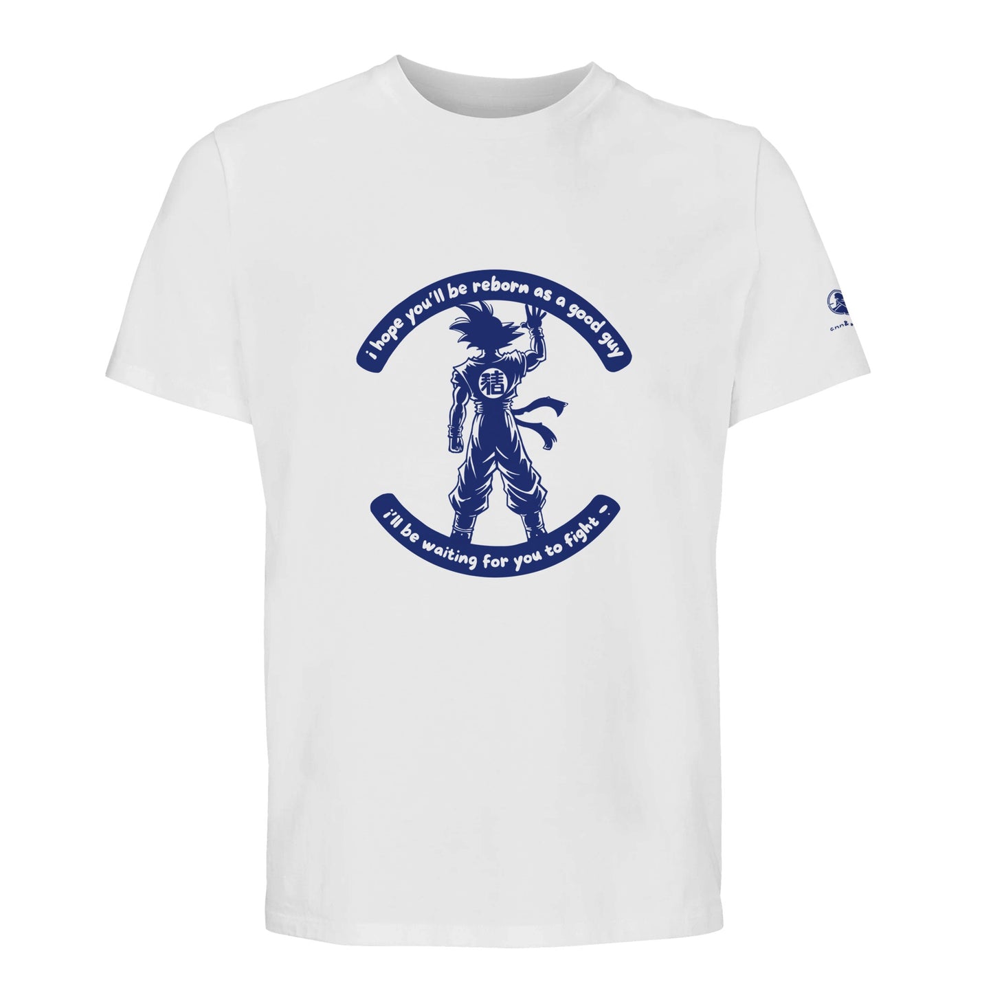 Camiseta blanca con fan art dibujo guererro anime con leyenda en azul