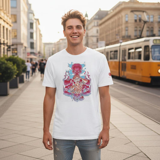 Camiseta blanca de algodón orgánico con dibujo en celeste y rosa