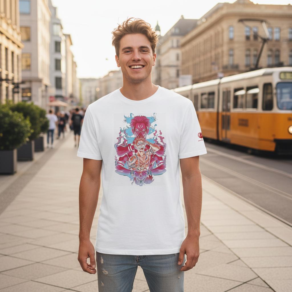 Camiseta blanca de algodón orgánico con dibujo en celeste y rosa