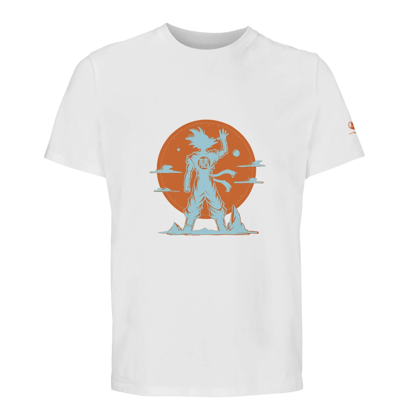 Silueta de guerrero de espaldas, saludando frente a un sol naranja. Camiseta de algodón orgánico, inspirada en una despedida simbólica.