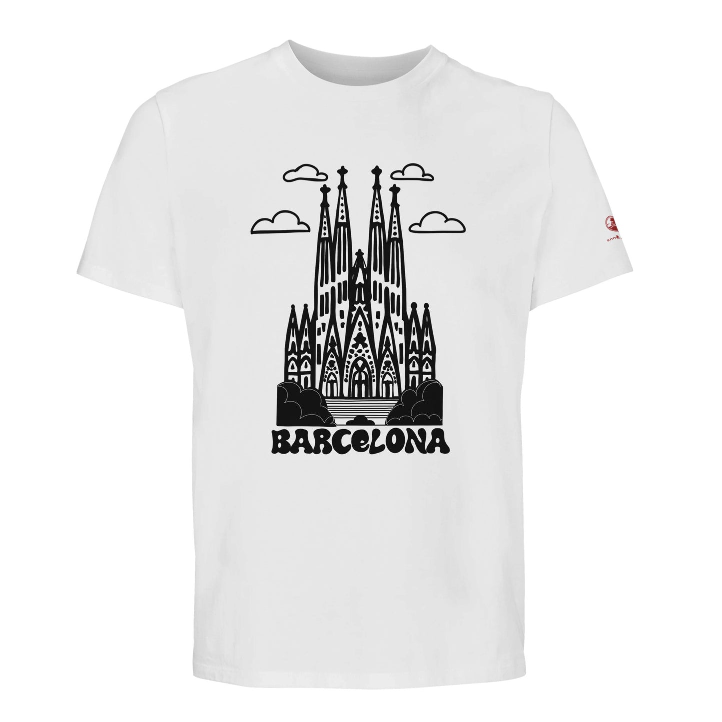 Camiseta blanca de algodón orgánico con la sagrada familia, Barcelona dibujada en negro
