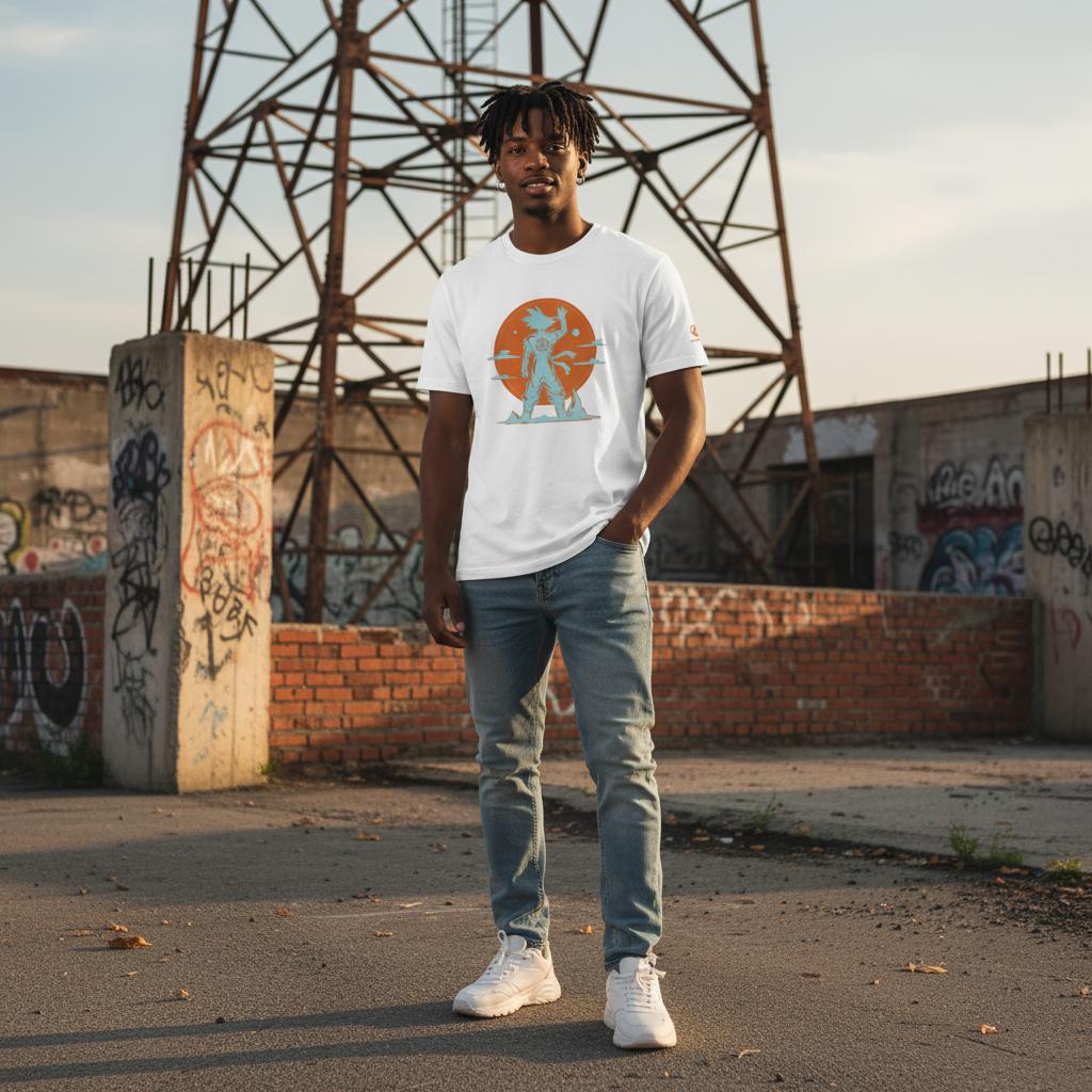 Camiseta blanca con dibujo en celeste y fondo naranja