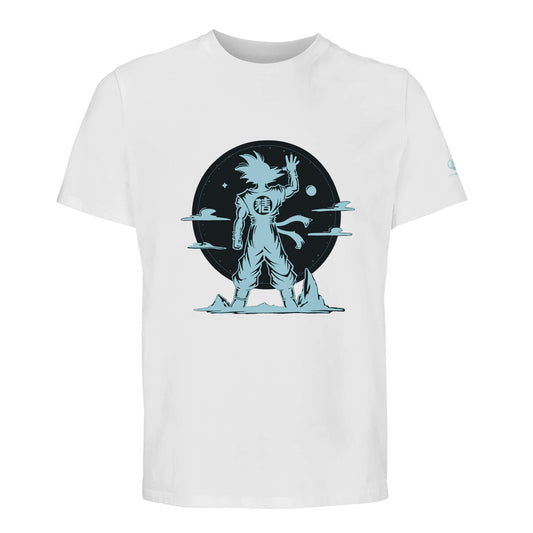 Camiseta blanca de algodón orgánico con dibujo de guerrero anime de espalda dibujo astral negro