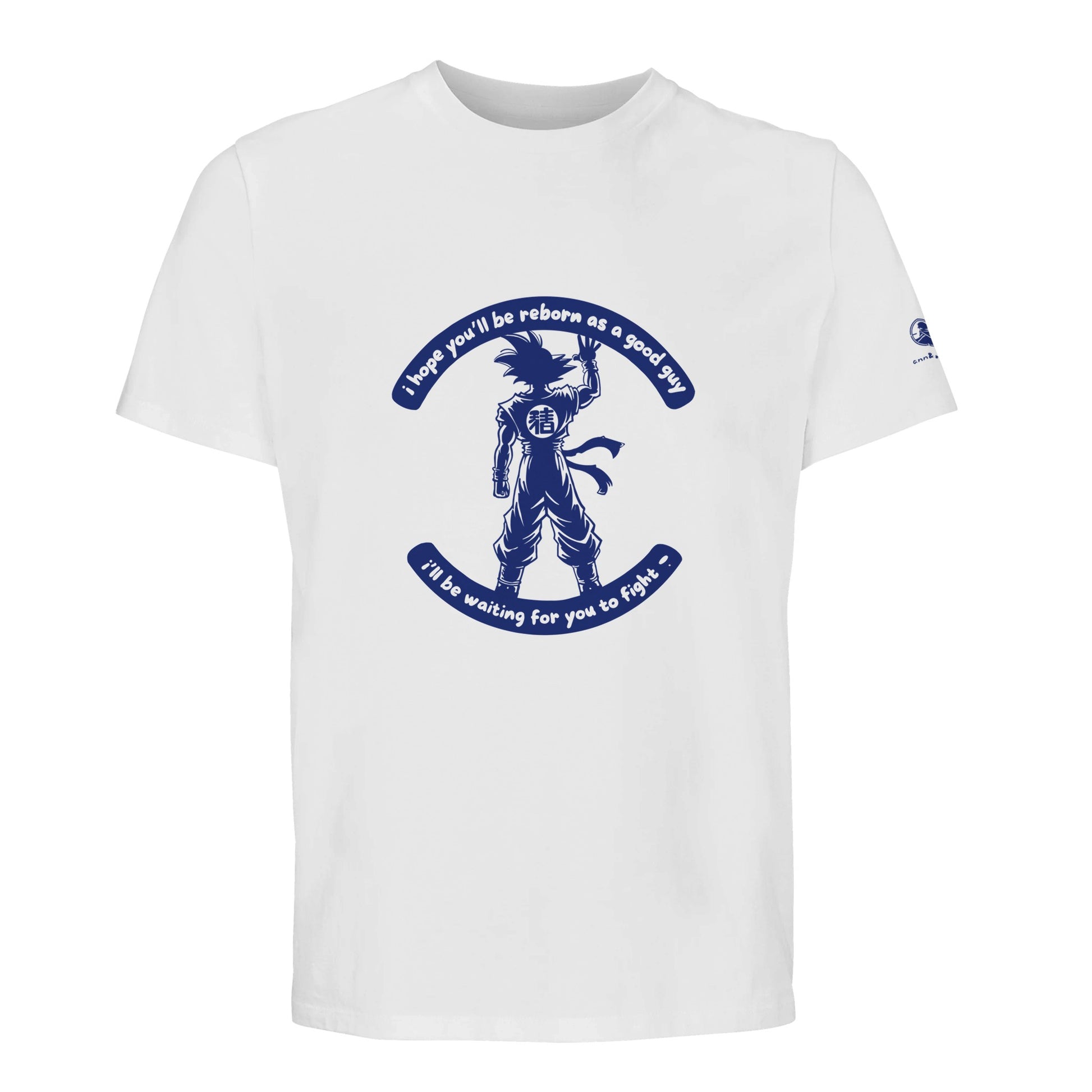Camiseta blanca con fan art dibujo guererro anime con leyenda en azul