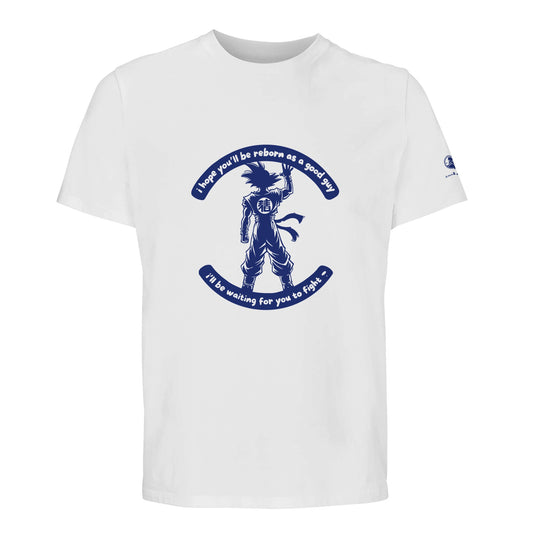 Camiseta blanca con fan art dibujo guererro anime con leyenda en azul