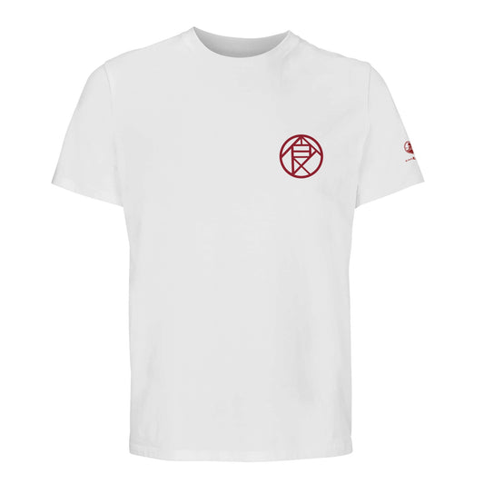Camiseta blanca de algodón orgánico manga corta con estampado pequeño Kanji comida en rojo fan art Choji 