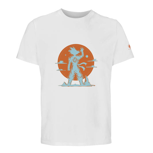 Silueta de guerrero de espaldas, saludando frente a un sol naranja. Camiseta de algodón orgánico, inspirada en una despedida simbólica.

