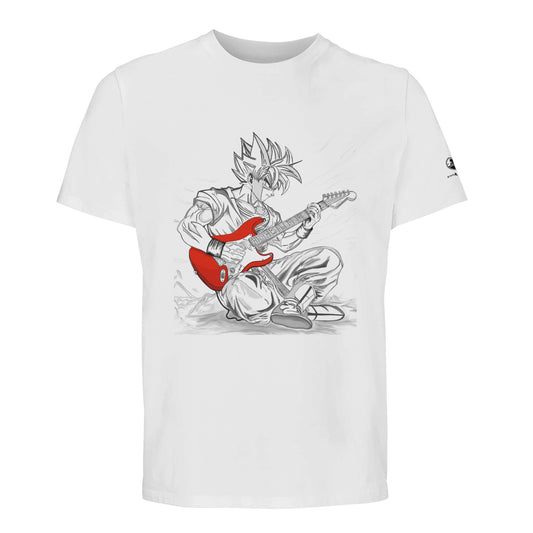 Camiseta blanca con fanart de goku tocando guitarra electrica haciendo rok 