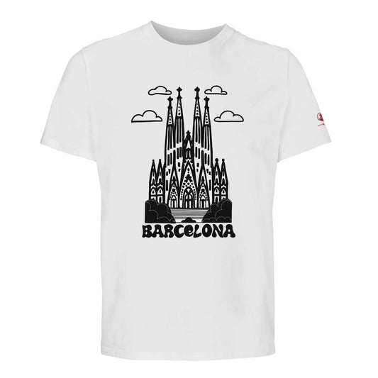 Camiseta blanca de algodón orgánico con la sagrada familia, Barcelona dibujada en negro 